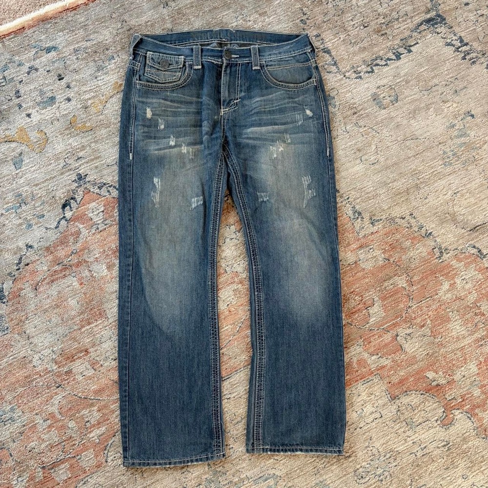 BKE Xtreme Couture Mens Baggy Y2K Blue Jeans White Stitch Distressed Size 34